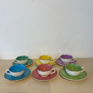 Digoin Sarreguemines, six colorful coffee cups, French porcelain