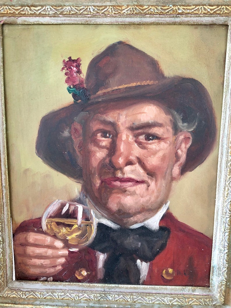 signed Framed oil painting Man with wine glass