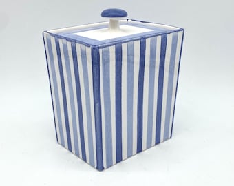Hedwig Bollhagen, cookie jar, faience white - blue and light blue stripes - glaze