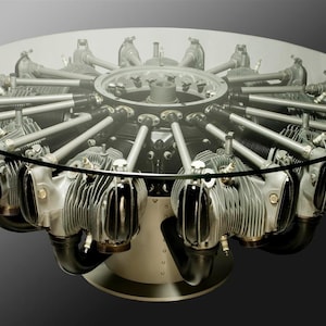 Radial engine table with glass top, original Russian AL 14 engine, M-14 P