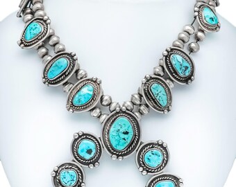 Antique Navajo Sterling Silver & Turquoise Squash Blossom Necklace
