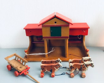 50s Wooden Toy Horse Stable Stable Farm Wood Carriage Horses Game