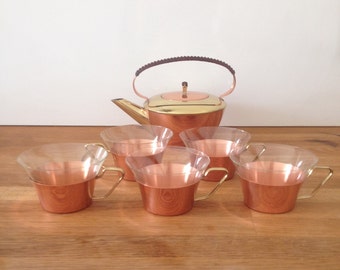 Copper tea service from 1 teapot & 5 teacups, Mid Century Modern tea service, copper glass brass basket