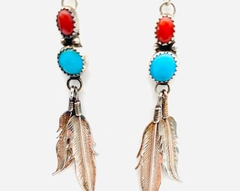 Beautiful Navajo earrings with turquoise and coral