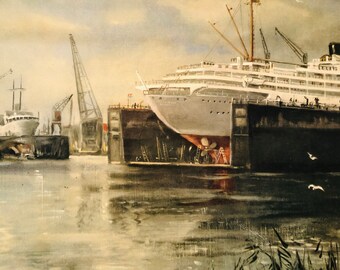 Schulkarte, Hamburg, Hafen, Werft Blohm und Voss, 50 er Jahre