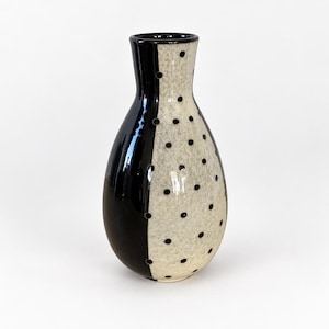 Könnte beinhalten: Eine Keramikvase mit bauchigem Körper und engem Hals. Eine Seite der Vase ist einfarbig glänzend schwarz, während die andere Seite eine gesprenkelte cremefarbene Oberfläche mit einem Muster aus kleinen, gleichmäßig verteilten schwarzen Punkten aufweist.