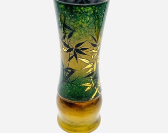 Beautiful Asian wooden vase with lacquer painting in green, beige and gold