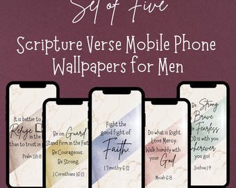 Bible Verse Phone Wallpapers, Scripture Mobile Lock Screens for Men, Set of 5 Esthetic Digital Files, Gifts for Him