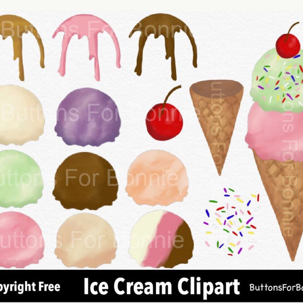 Ice cream Clipart, PNG, transparent back, ice cream cone, sugar cone, vanilla, strawberry, sprinkles, cherry, summer, hand drawn, watercolor