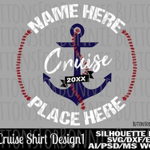 Peut inclure: Une ancre bleue avec un design de corde blanche et le texte "Cruise" et "20XX" dans une bannière blanche. L'ancre est entourée d'un cercle de corde rouge avec le texte "NAME HERE" et "PLACE HERE" en blanc.