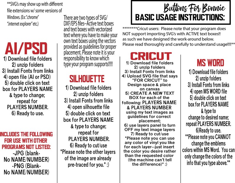 May include: Instructions for using SVG, DXF, and EPS files with Cricut, Silhouette, and MS Word. The instructions include downloading files, unzipping folders, installing fonts, and editing text boxes. The image includes the text "Buttons For Bonnie" and "Basic Usage Instructions".