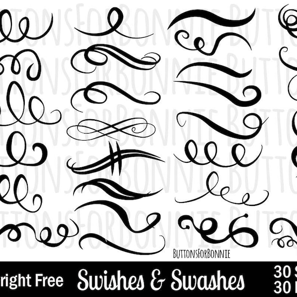 30 swoosh, swirl, swash, Vector Design Elements,SVG, PNG, Flourish, Clipart, Digital Cutting File, Copyright Free, cricut, Illustrator
