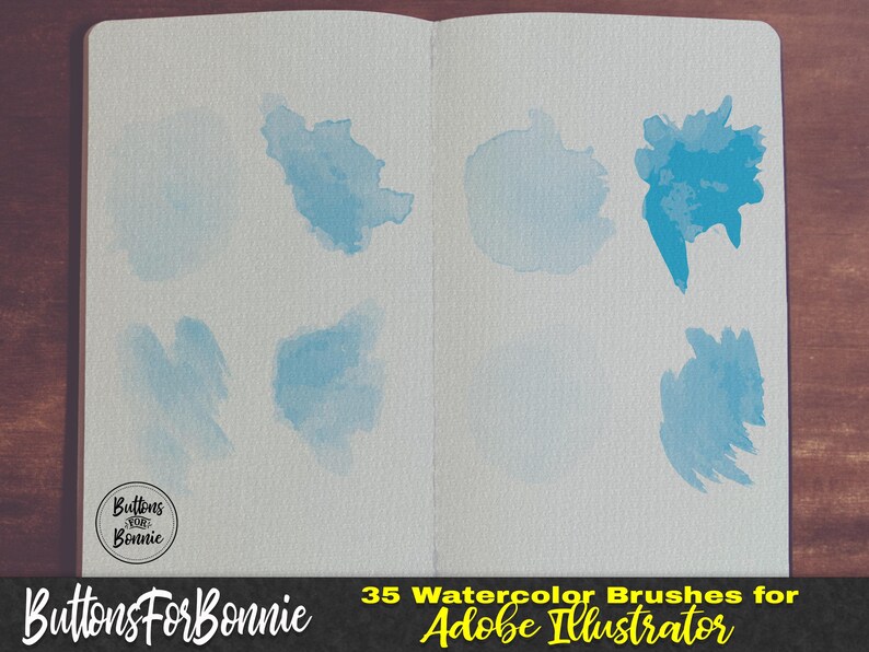 K&ouml;nnte beinhalten: Offenes Notizbuch mit blauen Aquarellpinselstrichen auf den Seiten. Das Bild enth&auml;lt den Text "ButtonsForBonnie" und "35 Watercolor Brushes for Adobe Illustrator". Die Aquarellpinselstriche sind in verschiedenen Formen und Blaut&ouml;nen.