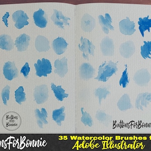 May include: Open notebook with various blue watercolor brush strokes. The image features 35 watercolor brushes for Adobe Illustrator. The text "ButtonsForBonnie" is visible in the image.