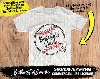 May include: White t-shirt with a black and red baseball graphic and the text "Baseball Aunt" with a red heart and stitches. The text "SVG/DXF/EPS/PNG" is at the bottom of the image.