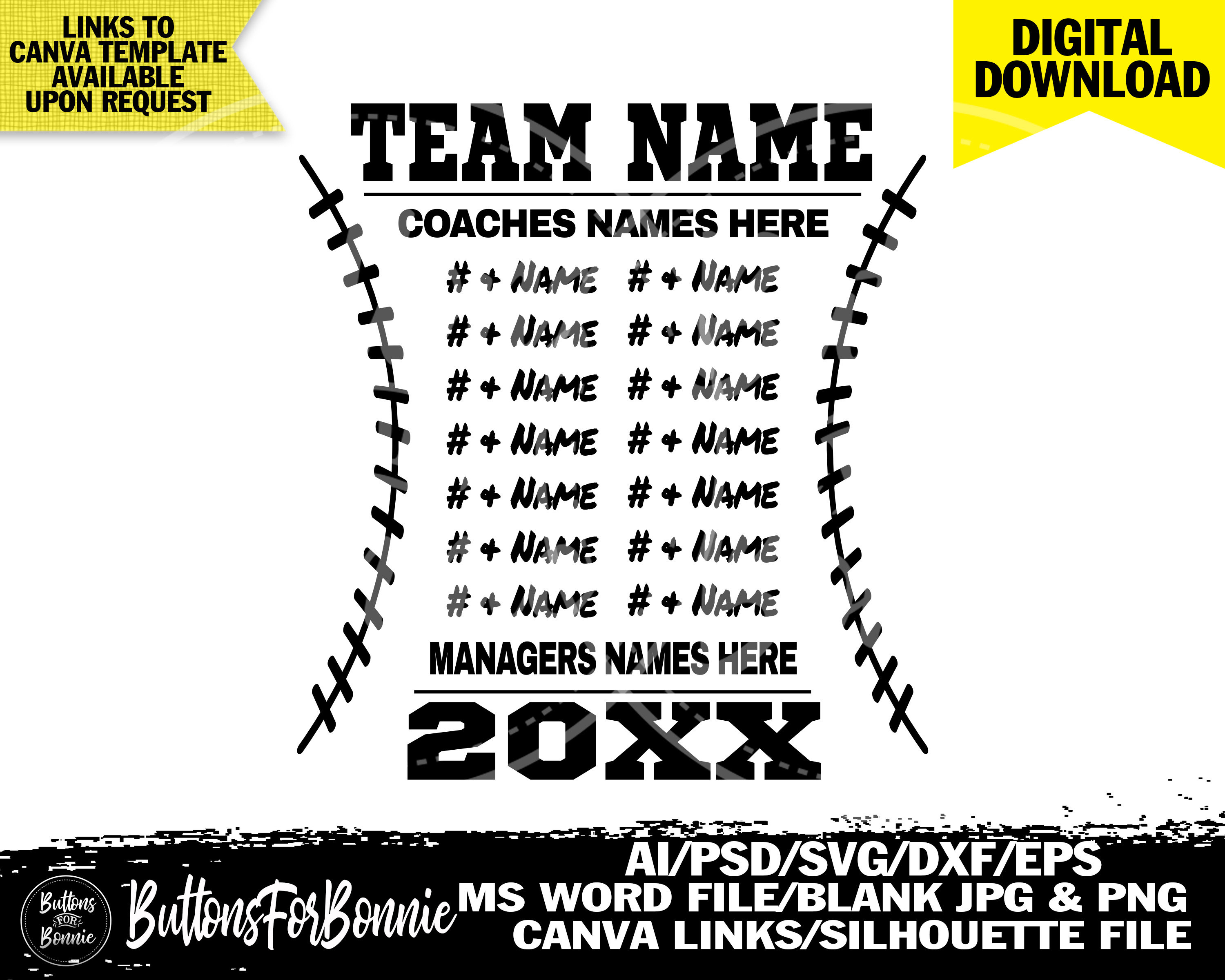 football svg, template, football team svg, football roster, back of shirt svg, lineup svg, digital cut file, stitching, laces, canva,