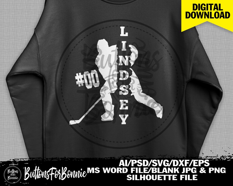 May include: A black and white silhouette of a hockey player with the name Lindsey spelled vertically down the centre of the player. The player is holding a hockey stick and the number 00 is on the player's jersey.