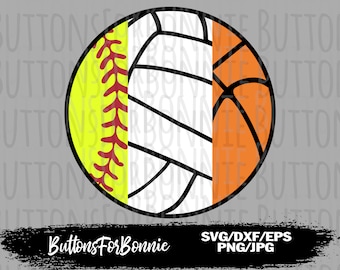 May include: A graphic design featuring a softball, volleyball, and basketball combined into one circle. The softball is yellow with red stitching, the volleyball is white, and the basketball is orange. The text "ButtonsForBonnie" is at the bottom.