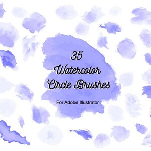 K&ouml;nnte beinhalten: Ein Bild mit 35 Aquarell-Kreis-Pinseln in Lila- und Blaut&ouml;nen. Der Text "35 Watercolor Circle Brushes" ist auf einem gro&szlig;en Aquarellfleck zu sehen, darunter "For Adobe Illustrator".