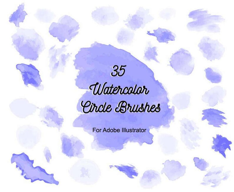 K&ouml;nnte beinhalten: Ein Bild mit 35 Aquarell-Kreis-Pinseln in Lila- und Blaut&ouml;nen. Der Text "35 Watercolor Circle Brushes" ist auf einem gro&szlig;en Aquarellfleck zu sehen, darunter "For Adobe Illustrator".