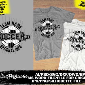 Voetbalteam svg, voetbal svg, sjabloon, snijbestand, voetbal bal svg, naam svg, aanpassen, personaliseren, voetbal shirt design, embleem, cricut