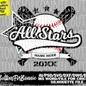 All Stars svg, All star team, Baseball svg, template, emblem, T ball team, Baseball team, stitching, cutting file, swoosh, shirt design