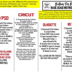 May include: A guide with instructions for using SVG files with Cricut, Silhouette, and MS Word. The guide includes information on downloading, unzipping, and opening files, as well as instructions for editing text boxes.