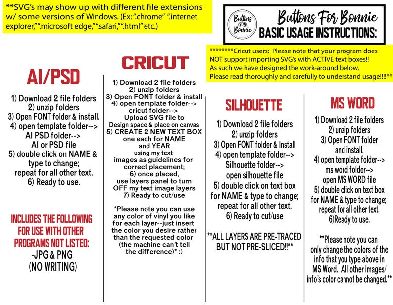 May include: A guide with instructions for using SVG files with Cricut, Silhouette, and MS Word. The guide includes information on downloading, unzipping, and opening files, as well as instructions for editing text boxes.