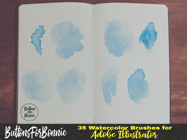 K&ouml;nnte beinhalten: Ein offenes Skizzenbuch zeigt mehrere hellblaue Aquarellpinselstriche. Der Text "Buttons for Bonnie" befindet sich in einem Kreis unten links. Der Text "35 Watercolor Brushes for Adobe Illustrator" befindet sich unten.