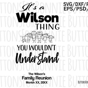 Puede incluir: Diseño digital en blanco y negro con el texto "It's a Wilson Thing, You Wouldn't Understand." Incluye un gráfico de familia de palitos y el texto "The Wilson's Family Reunion". También incluye opciones de tipo de archivo.