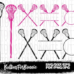 May include: Two sets of lacrosse sticks, one pink and one black, are crossed over each other. The sticks are in front of two blank nameplates and two circles. The nameplates and circles are for adding text or images. The text "Buttons For Bonnie" and "SVG/DXF/EPS PDF/PNG/JPG" are at the bottom of the image.