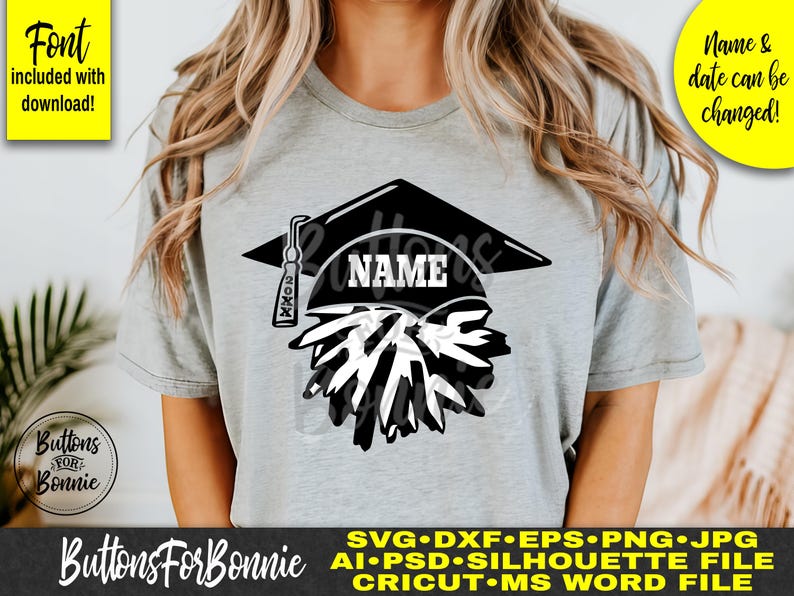 May include: A black and white graduation cap with the word "NAME" and the year "20XX" on it. The cap is over a design of a graduation cap with a tassel. The design is on a grey t-shirt.