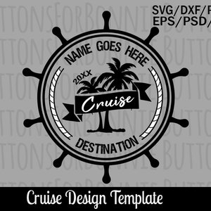Puede incluir: Plantilla de diseño gráfico en blanco y negro para un crucero. El diseño presenta un volante de barco con un borde de cuerda, palmeras y el texto "NAME GOES HERE", "20XX", "Cruise" y "DESTINATION".