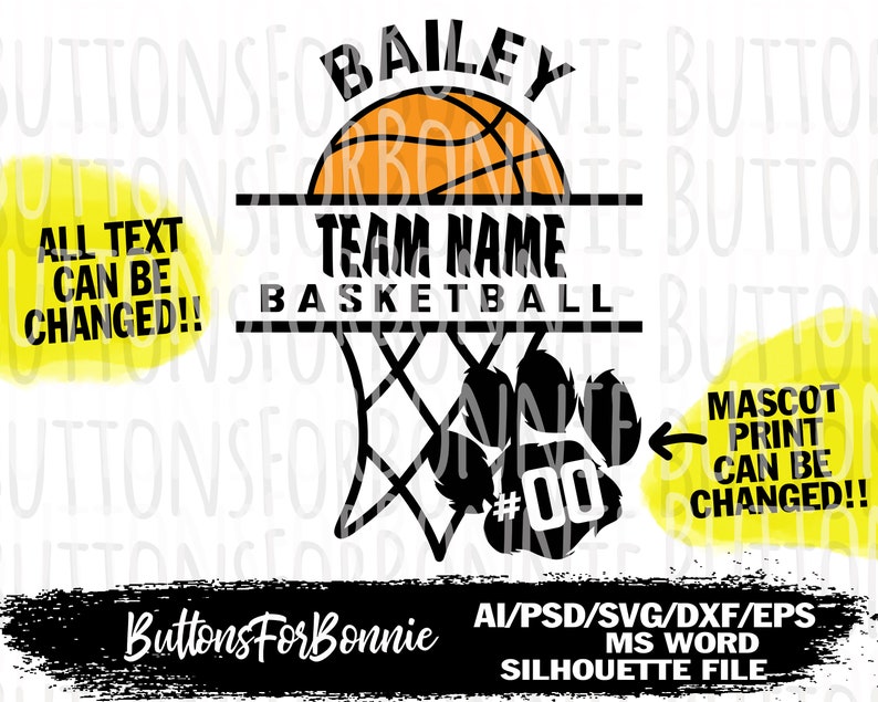 Puede incluir: Un dise&ntilde;o de baloncesto en blanco y negro con un aro de baloncesto, un bal&oacute;n de baloncesto y una huella de pata con el n&uacute;mero 00. El texto "BAILEY TEAM NAME BASKETBALL" est&aacute; en la parte superior del dise&ntilde;o. El texto "MASCOT PRINT CAN BE CHANGED!" est&aacute; en la parte inferior derecha del dise&ntilde;o. El texto "Buttons For Bonnie" est&aacute; en la parte inferior izquierda del dise&ntilde;o. El texto "AI/PSD/SVG/DXF/EPS MS WORD SILHOUETTE FILE" est&aacute; en la parte inferior central del dise&ntilde;o.