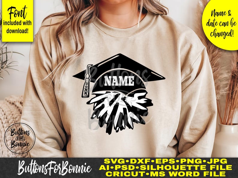 May include: Black and white graduation cap design with a 'NAME' text box and '20XX' text. The design is on a beige sweatshirt. The text 'Name & date can be changed!' is in a yellow box.