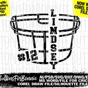 May include: A black and white digital design featuring a football helmet with the name "Lindsey" and the number "12". The design includes text that reads "Works with - Vinyl Cutters - MS Word - AI/PSD and more!" and "Now with Corel Draw File!"