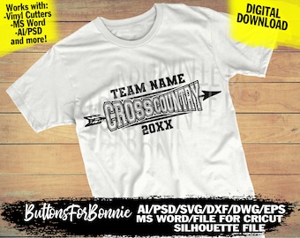 May include: A white t-shirt with a black graphic design that says "TEAM NAME CROSS COUNTRY 20XX" with an arrow pointing to the right. The design is in a vintage style with a distressed look.
