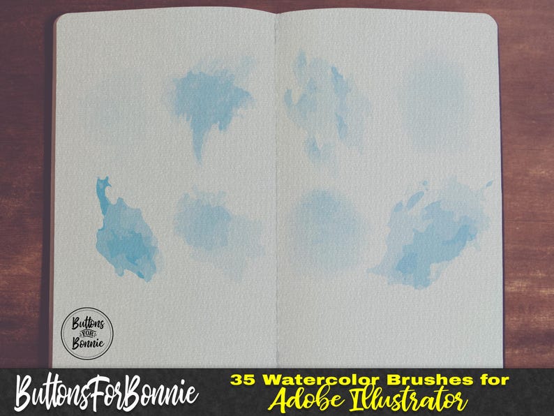 K&ouml;nnte beinhalten: Offenes Notizbuch mit blauen Aquarellpinselstrichen. Der Text unten lautet "ButtonsForBonnie" und "35 Watercolor Brushes for Adobe Illustrator". Ein kreisf&ouml;rmiges Logo mit dem Text "Buttons for Bonnie" befindet sich in der unteren linken Ecke.