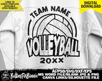 May include: Black and white graphic design of a volleyball with the text "TEAM NAME VOLLEYBALL 20XX".