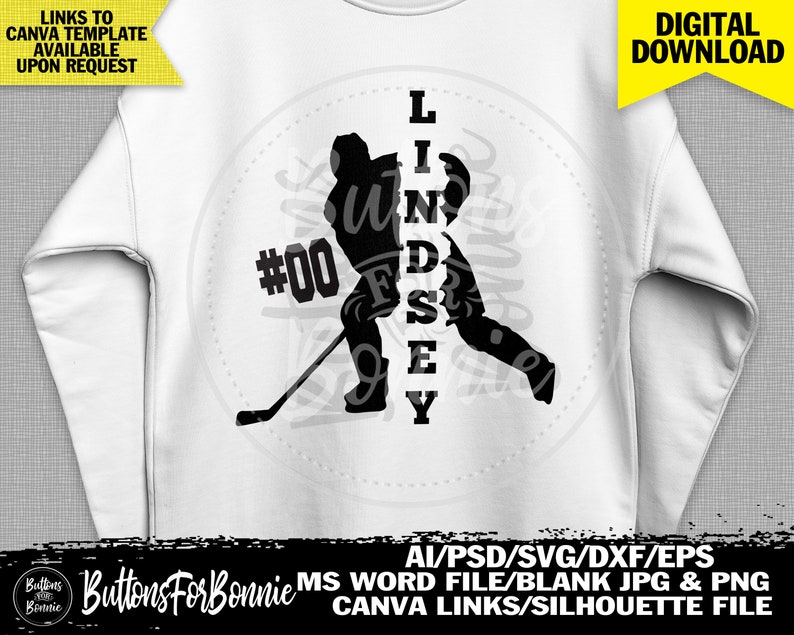May include: Black and white silhouette of a hockey player with the name Lindsey and the number 00. The player is holding a hockey stick. The image is on a white background.