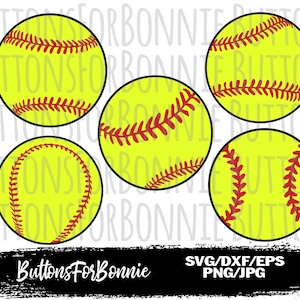 Puede incluir: Cinco diseños amarillos en forma de pelota de softball con costuras rojas. Los diseños están sobre un fondo blanco con el texto "Buttons For Bonnie" y "SVG/DXF/EPS PNG/JPG" en la parte inferior.
