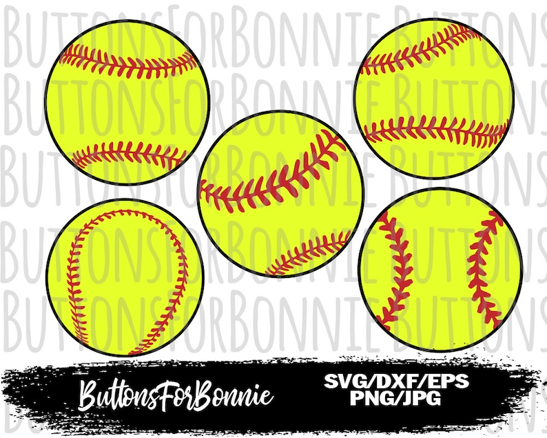 May include: Five yellow softball-shaped designs with red stitching. The designs are on a white background with the text "Buttons For Bonnie" and "SVG/DXF/EPS PNG/JPG" at the bottom.