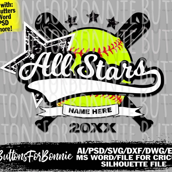 All Stars svg, All star team, Softball svg, template, emblem, T ball team, Softball team, stitching, cutting file, swoosh, shirt design