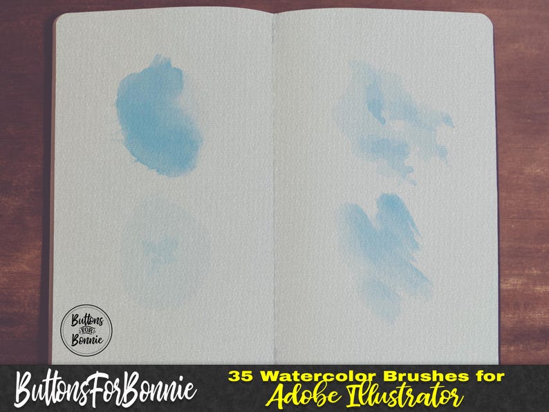 K&ouml;nnte beinhalten: Offenes Notizbuch mit blauen Aquarellpinselstrichen. Das Bild enth&auml;lt den Text "Buttons For Bonnie" und "35 Watercolor Brushes for Adobe Illustrator". Die Aquarellstriche sind in verschiedenen Formen und Gr&ouml;&szlig;en.