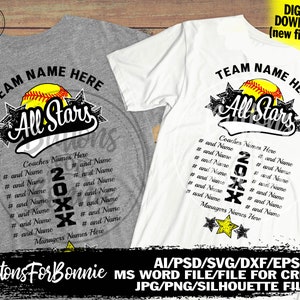 Softball svg, little league svg, tball svg, champion svg, all star svg, all star champion svg, back of shirt svg, team members svg, cut file