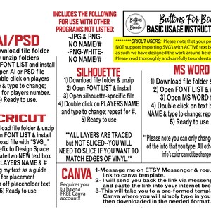 May include: A graphic with instructions for using digital design files for different software programs, including AI/PSD, Cricut, Silhouette, MS Word, and Canva. The graphic includes a list of steps for each program, along with tips and notes for using the files effectively. The graphic also includes the text "Buttons For Bonnie" and "Basic Usage Instructions."