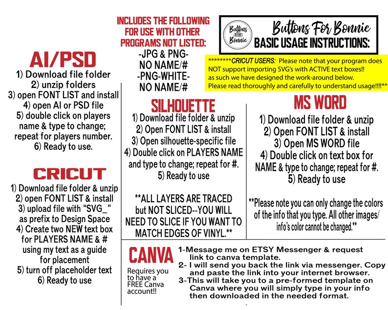 May include: A graphic with instructions for using digital design files for different software programs, including AI/PSD, Cricut, Silhouette, MS Word, and Canva. The graphic includes a list of steps for each program, along with tips and notes for using the files effectively. The graphic also includes the text "Buttons For Bonnie" and "Basic Usage Instructions."