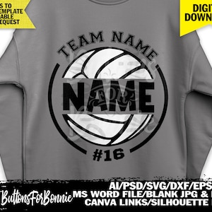 Op de afbeelding: Een grijs sweatshirt met een zwart-witte volleybalafbeelding. De afbeelding bevat de tekst "TEAM NAME" en "NAME" met het nummer "#16".