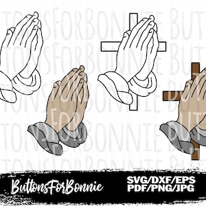 May include: Four digital clipart images of praying hands, two with a cross behind them. One set of hands is white, one set is brown, and two sets are outlined in black.