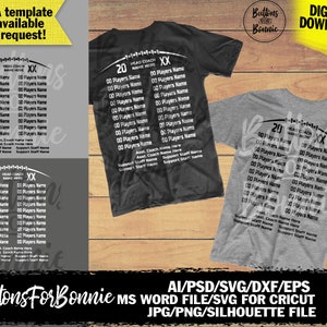 football roster, football svg, template, football lineup, football team svg, back of shirt, cut file, cricut, silhouette, canva, PNG, EPS